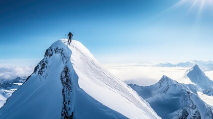 Skier Standing on a Snowy Mountain Peak Overlooking Majestic Alpine Range