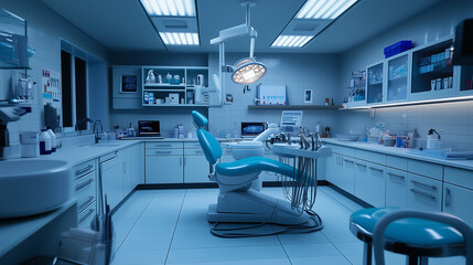 A dentist lowering the overhead lamp, ready to examine the patient&acirc;s teeth, with their tools neatly organized and gleaming under the clinic lights.