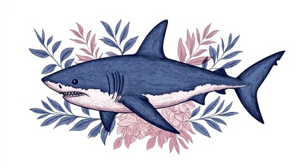 Fototapeta premium A beautifully illustrated shark surrounded by delicate leaves and flowers, symbolizing the harmony of marine life.