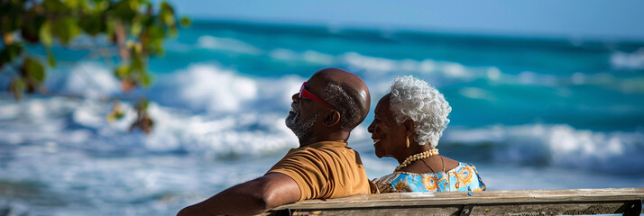 Senior African American couple sitting on a bench and watching the waves crash on the shore