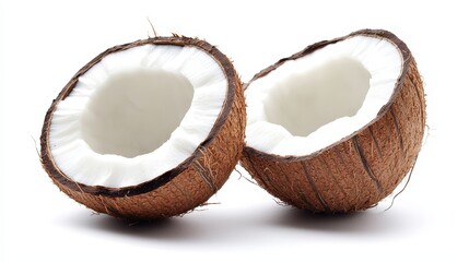 Two halves of a fresh coconut with exposed white flesh, isolated on a clean white background.