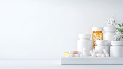 A high-end photograph of a well-organized drug store shelf displaying a range of cold and flu medications, set against a minimalistic background. The image is in sharp focus with deep depth of field