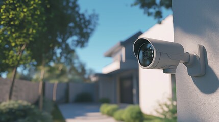 Smart home security camera mounted on a modern house entrance with a beautiful garden in broad daylight