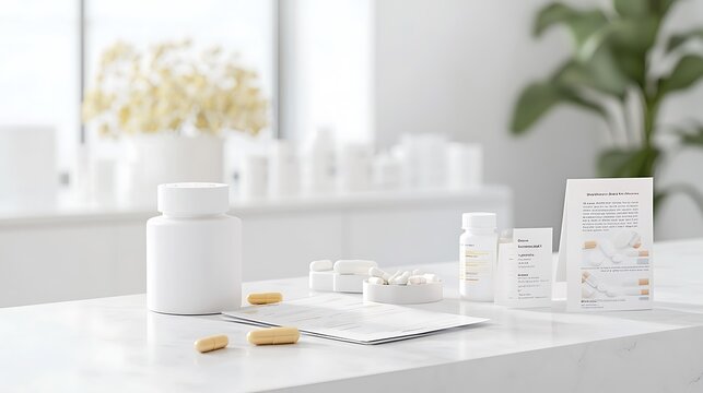 A high-end image of the pharmacy consultation counter with a clean, professional layout, including informational brochures and prescription medications. The scene is fully in focus with deep depth of