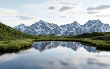 Fototapeta premium A serene and isolated mountain lake, surrounded by towering peaks and lush vegetation, rendered in hyper-realistic 10K