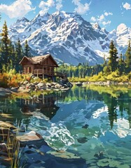 A picturesque wooden cabin sits by the edge of a tranquil lake, reflecting the towering snow-capped mountains and evergreen forest surrounding it. The clear blue sky and calm water create a serene