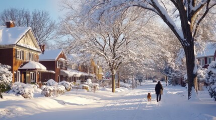 Strolling with a Dog Through a Snowy Neighborhood on a Winter Morning