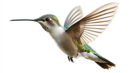 Fototapeta premium A stunning and detailed photo of a hummingbird in flight, capturing its delicate wings and iridescent feathers, rendered in ultra-realistic 10K