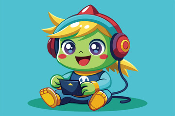 The cute gamer character smiles joyfully while playing a handheld console, a cartoon character cute gamer