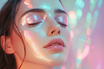 Stylish Minimalist Portrait of a Woman Showcasing Dewy Skin and Elegant Makeup with an Array of Soft Pastel Cosmetic Products for a Contemporary Beauty Look