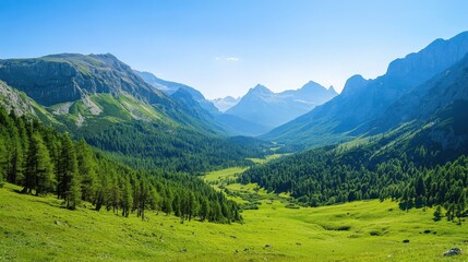 Fototapeta premium Majestic mountain scenery with green forests and a peaceful valley stretching into the distance under a clear blue sky.