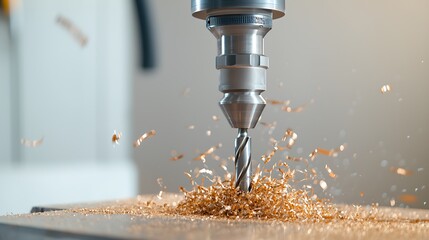 A detailed shot of a heavy-duty drill machine in action, with sharp metal shavings flying off the material. The image features deep depth of field with sharp focus on the machine and space for text.