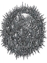 A circular monochrome illustration of a mountain range with a sky view in the center, surrounded by a dense pattern of jagged lines and shapes.