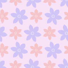 Flowers. Purple and pink inflorescence of flowering plant. Seamless vector pattern. Isolated pink background. Endless summer ornament from flower head with sharp petals. Flat style.