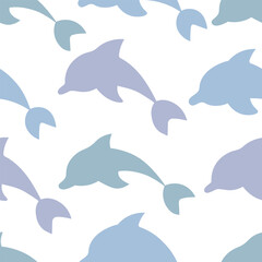 Three colorful dolphins. Seamless vector pattern. Endless ornament of sea mammals diving into the waves. Isolated colorless background. Flat style. Ocean inhabitant. Idea for web design.