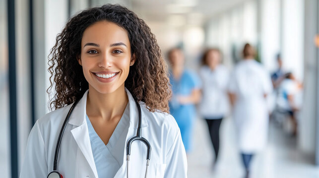 A doctor with a stethoscope around their neck, smiling warmly at the camera while standing in a bustling clinic hallway, patients and staff moving in the background.