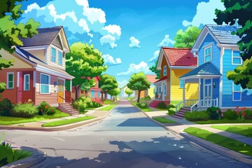 Naklejka premium Suburban Houses. Colorful Residential Buildings on a Sunny Street in the Village