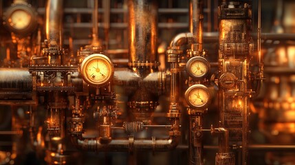 A detailed view of industrial pipes and gauges, showcasing a complex network of machinery.