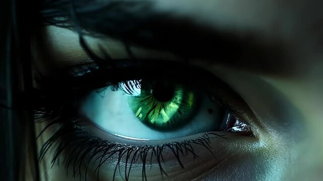Extreme close-up of human eye with vibrant green iris. Pale skin surrounds, dark eyebrow partially visible. High contrast shadows create dramatic effect. Long eyelashes frame intense gaze. 