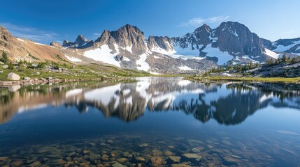 Obraz premium A quiet mountain lake surrounded by snow-capped peaks, with perfectly still water reflecting the rugged landscape.