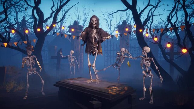 Halloween party. Funny skeletons dancing in the moonlight in a scary gothic graveyard. 3D animated background for greeting cards, invitations, posters, events, parties