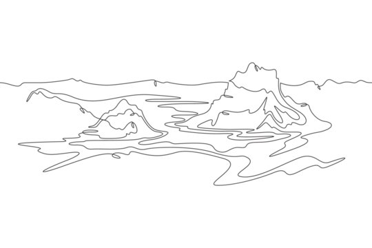 Continuous one line drawing residual mountains. Protected plateaus. Mountain landscapes. Rocky canyons. One continuous line isolated minimal illustration.