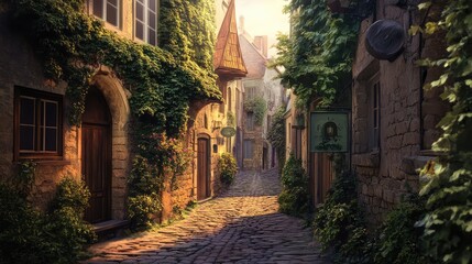 A quiet, narrow alleyway in a European village, with cobblestone streets and ivy-covered walls bathed in warm evening light.