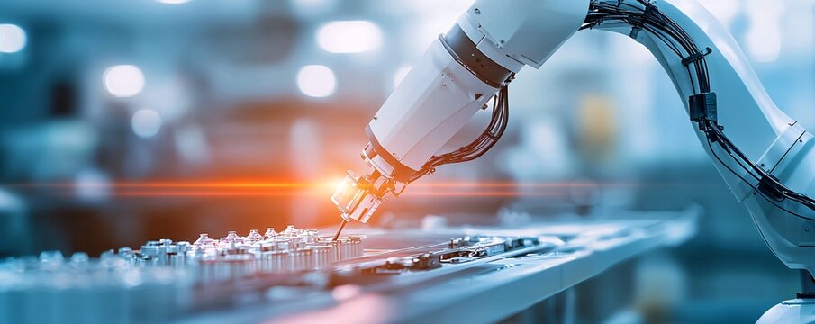 Robotic arm assembling products in a hightech factory, mid angle, clean lighting.