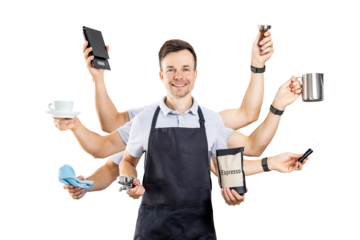 Barista with Multiple Arms Holding Espresso Equipment Isolated from Background