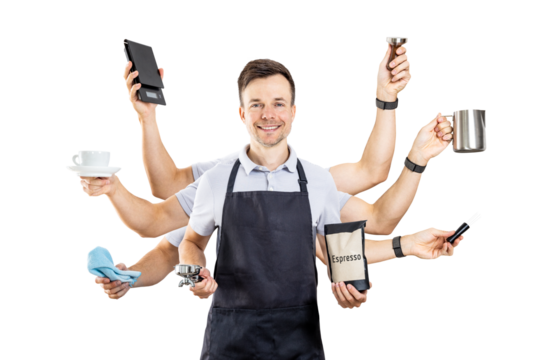 Barista with Multiple Arms Holding Espresso Equipment Isolated from Background
