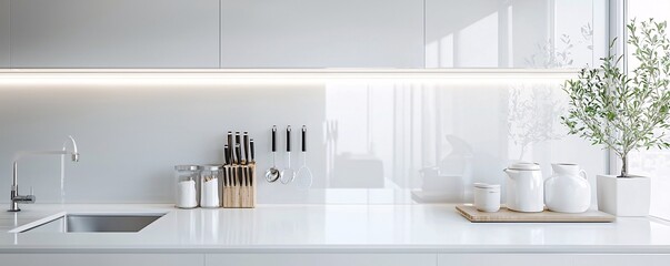 Elegant kitchen with sleek countertops and minimal utensils, wid eangle, bright lighting.