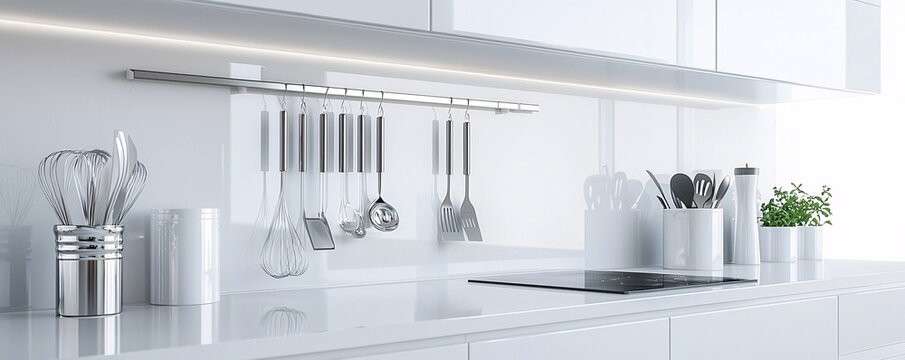 Elegant kitchen with sleek countertops and minimal utensils, wid eangle, bright lighting.