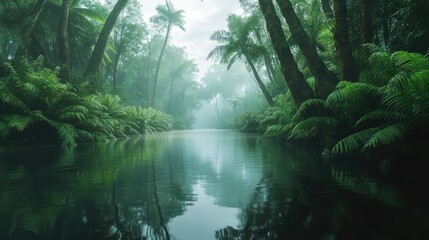 Obraz premium A quiet river winding through a dense, misty rainforest, with tall trees towering overhead and their reflections shimmering in the water.