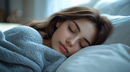 Peaceful young woman sleeping under a soft blanket, captured in a tranquil bedroom setting. Serene and restful atmosphere with gentle light, highlighting comfort and relaxation.