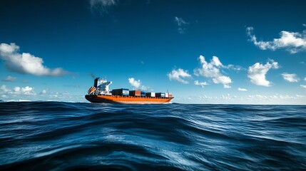 A large cargo ship sails across the ocean on a sunny day.