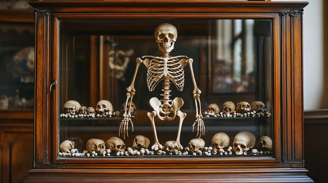 Skeleton. Human bones meticulously arranged in a display case. Isolated shadowy backdrop. Osteology and archaeological research concept. Ethical considerations in handling human remains and history. 