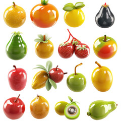 Glossy 3D Fruits Collection: Vibrant and Realistic Citrus, Berries, and More
