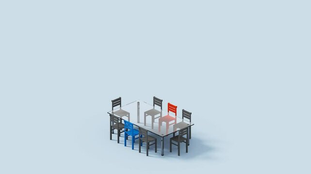 An isometric top-down view of a conference room showcases a large rectangular glass table with eight chairs around it, two of which are red and blue. Corporate culture and competitive concept
