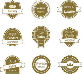 Vector illustration set of high quality labels and badges in minimalist gold color. Includes premium, certified designs for seals and stamps. Ideal to signify best standards and guaranteed quality.