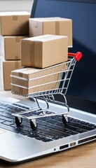 boxes laptop e commerce shopping cart cardboard  laptop buying computer shopping cart cyberspace e-business technology isolated white retail empty store nobody buy three-dimensional shiny silver