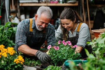 Couple caucasian man and woman wife and husband planting flowers together taking care of home plants