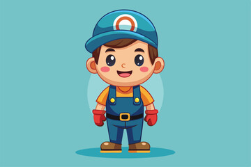 A cheerful plumber character wearing blue overalls and a cap, ready for his next adventure amidst a colorful backdrop, a cartoon character Cute Plumber