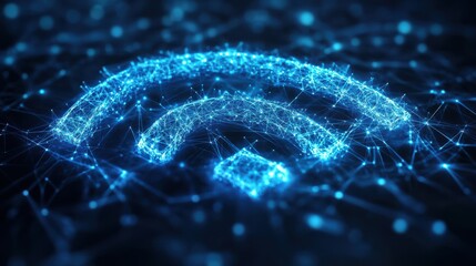 Digital glowing wifi signal icon made of blue interconnected lines on a dark background. Futuristic internet connectivity, wireless network, online communication, global data transmission, technology