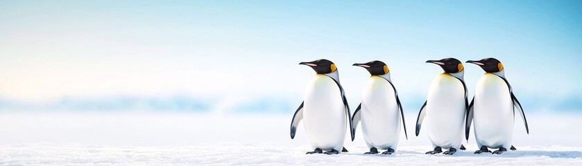 Obraz premium Penguins huddling together on an ice shore.