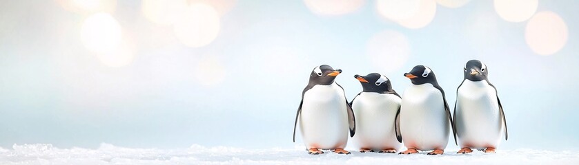 Fototapeta premium Penguins huddling together on an ice shore.