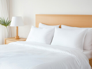 General view of bedroom with bed, bedside tables and lamps