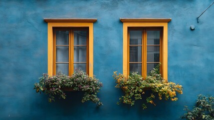 Two Yellow-Trimmed Windows with Green Plants on a Blue Wall. 