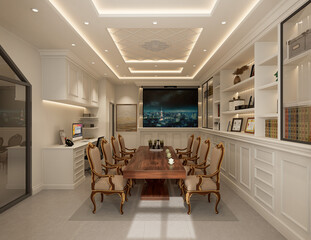 Modern classic meeting room interior with white furniture and window. 3D Rendering