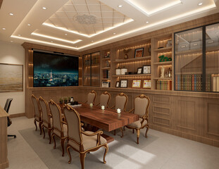 Modern classic meeting room interior with wooden furniture and window. 3D Rendering.
