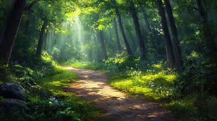 Obraz premium A quiet, winding path through a lush green forest, dappled sunlight streaming through the leaves and creating a peaceful atmosphere.